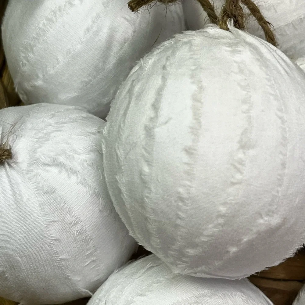 10 Snow White snowballs rag balls Christmas tree ornaments farmhouse bowl filler